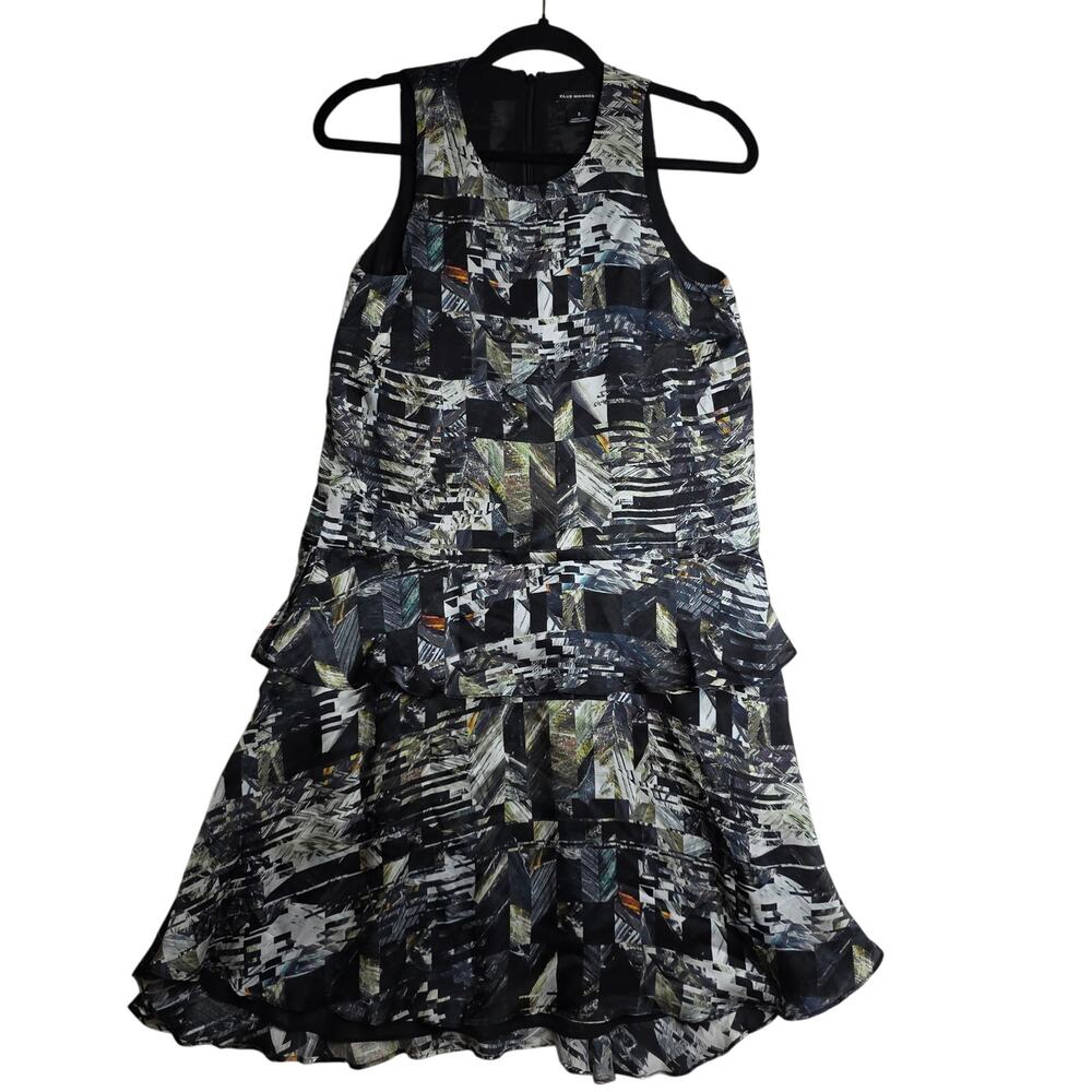 Club Monaco Sz0 100%Silk Geometric Shift SexyUnique Drop waist dress QuietLuxury